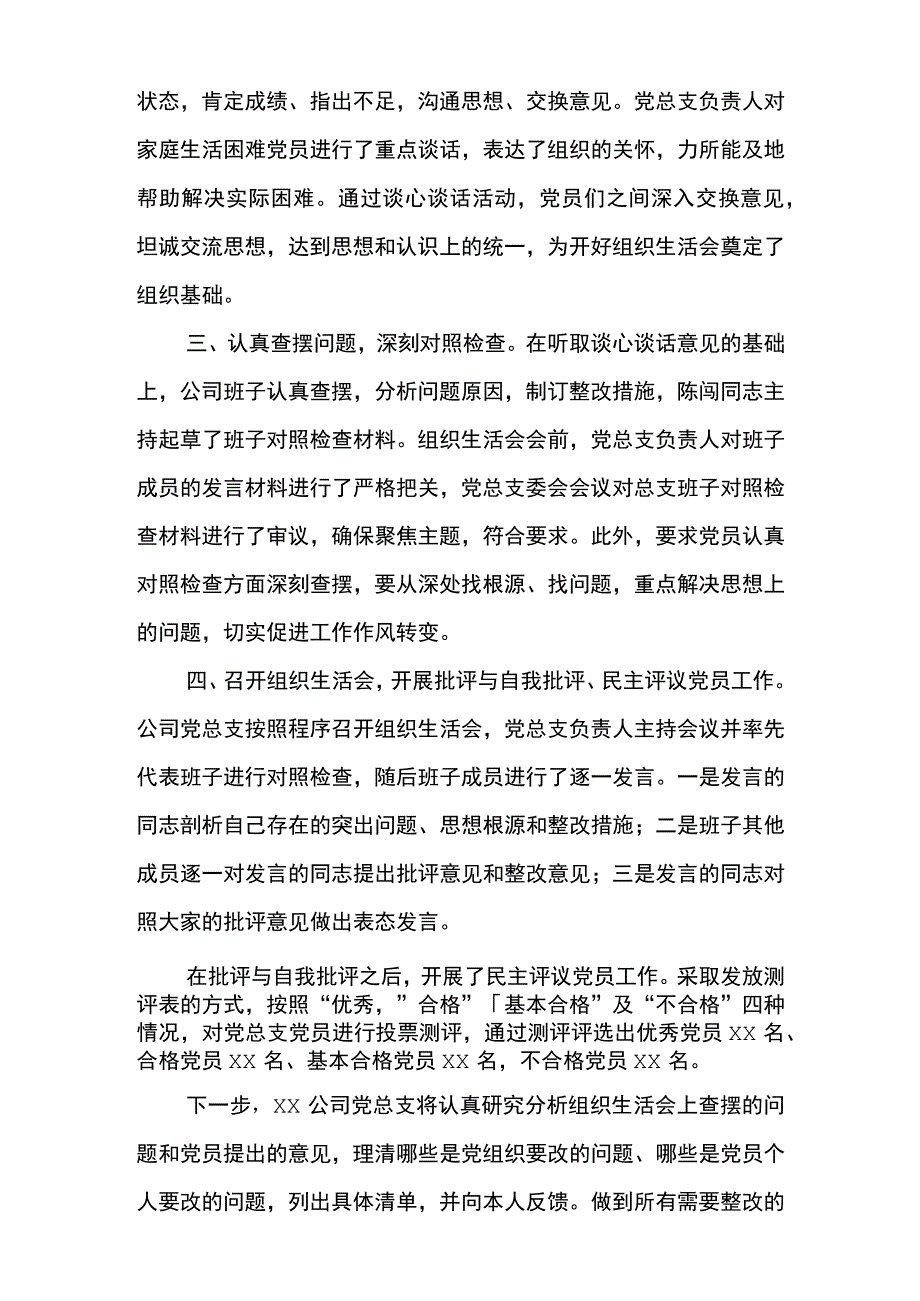 XX公司党总支召开组织生活会和开展民主评议党员情况报告.docx_第2页