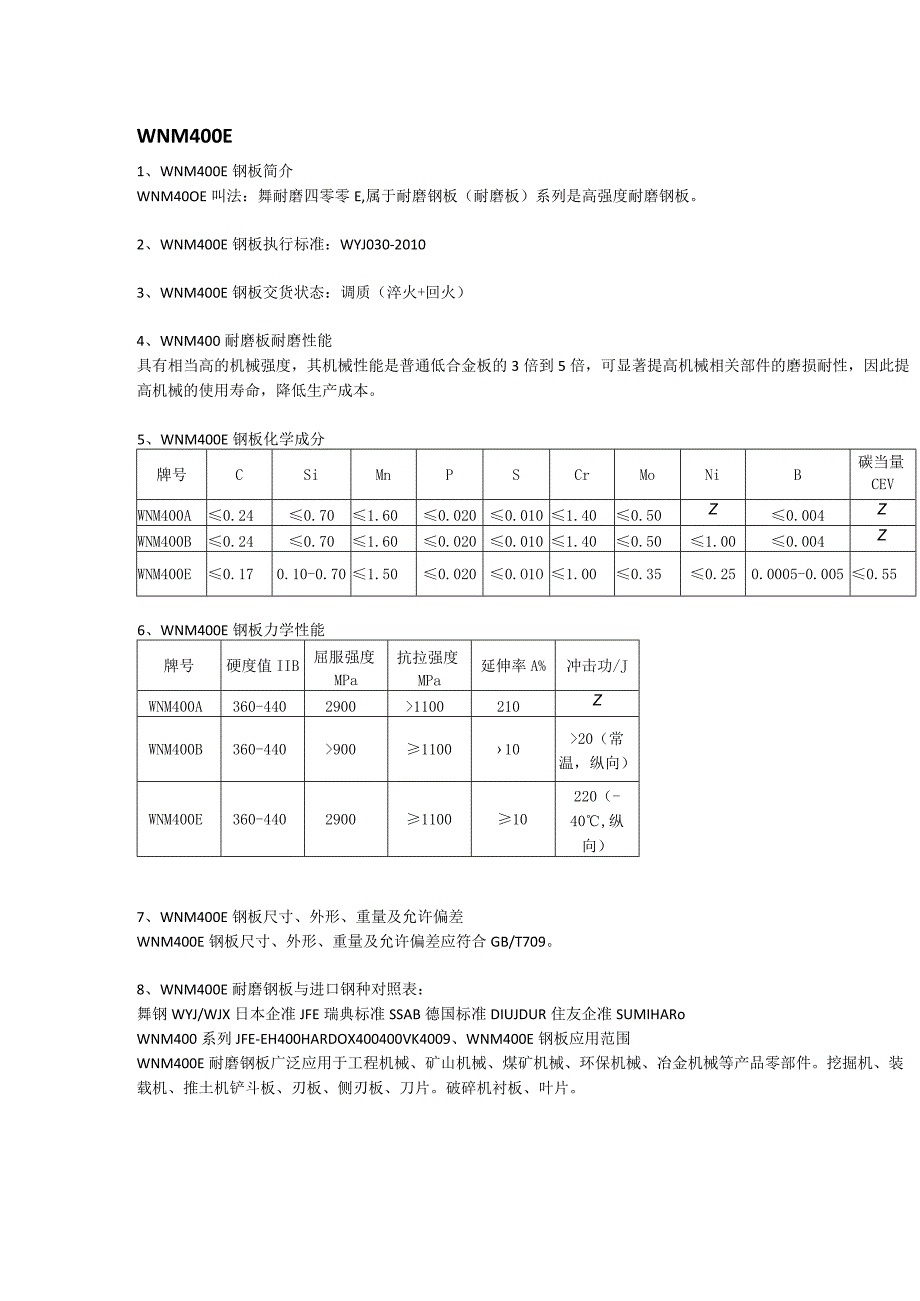 WNM400E钢板材质分析WNM400E舞钢耐磨板应用范围.docx_第1页