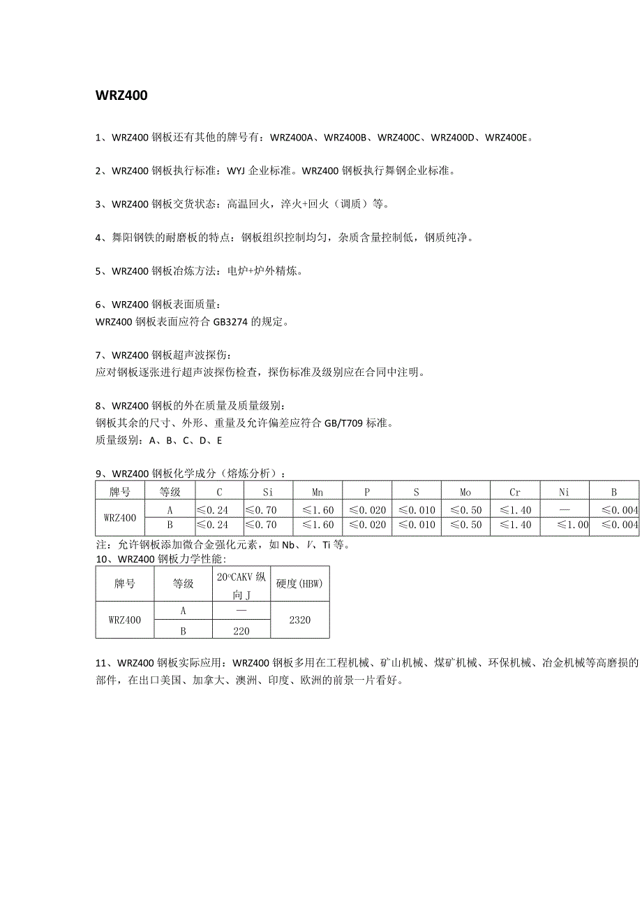 WRZ400钢板材质简介及执行标准.docx_第1页