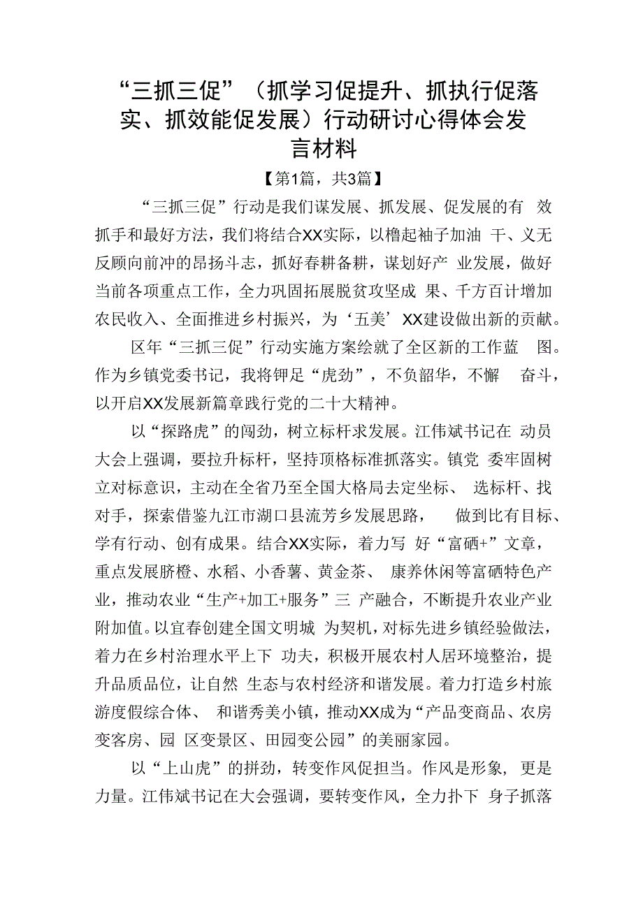 三抓三促抓学习促提升抓执行促落实抓效能促发展行动研讨心得体会发言材料精选共计三篇_003.docx_第1页