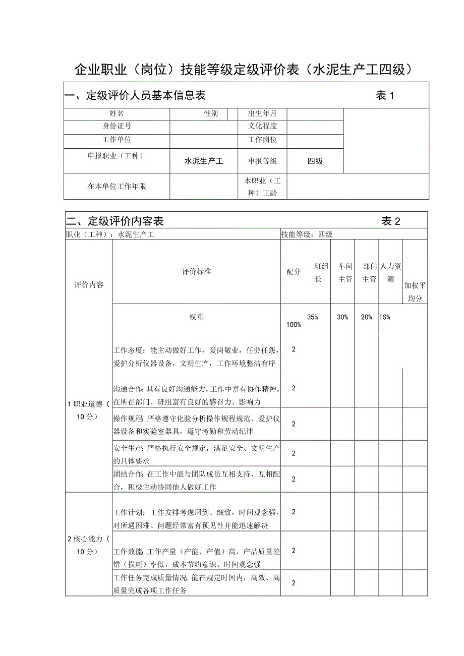 企业职业岗位技能等级定级评价表水泥生产工四级.docx_第1页