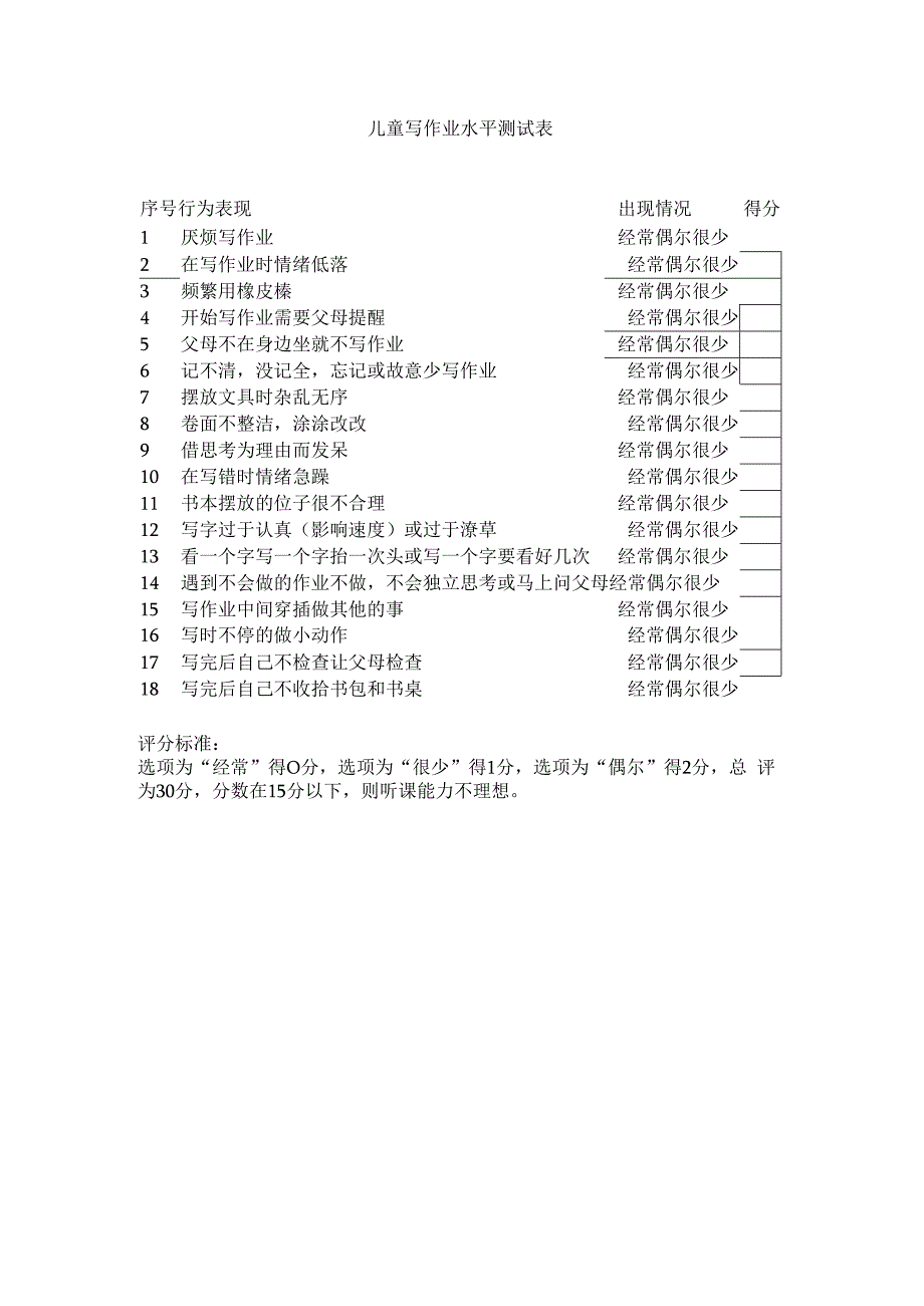 儿童写作业水平测试表.docx_第1页