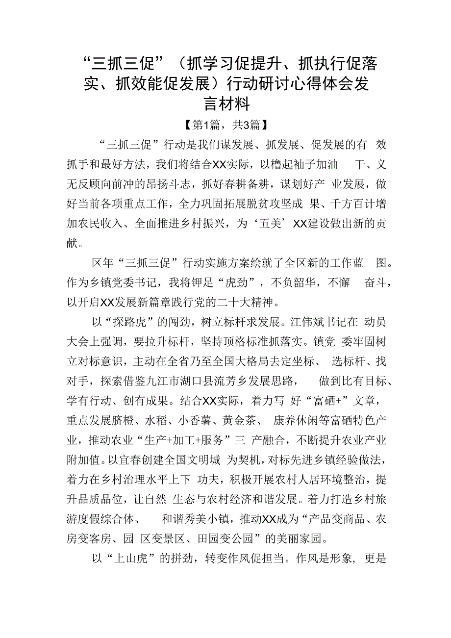 三抓三促抓学习促提升抓执行促落实抓效能促发展行动研讨心得体会发言材料精选共三篇_002.docx_第1页