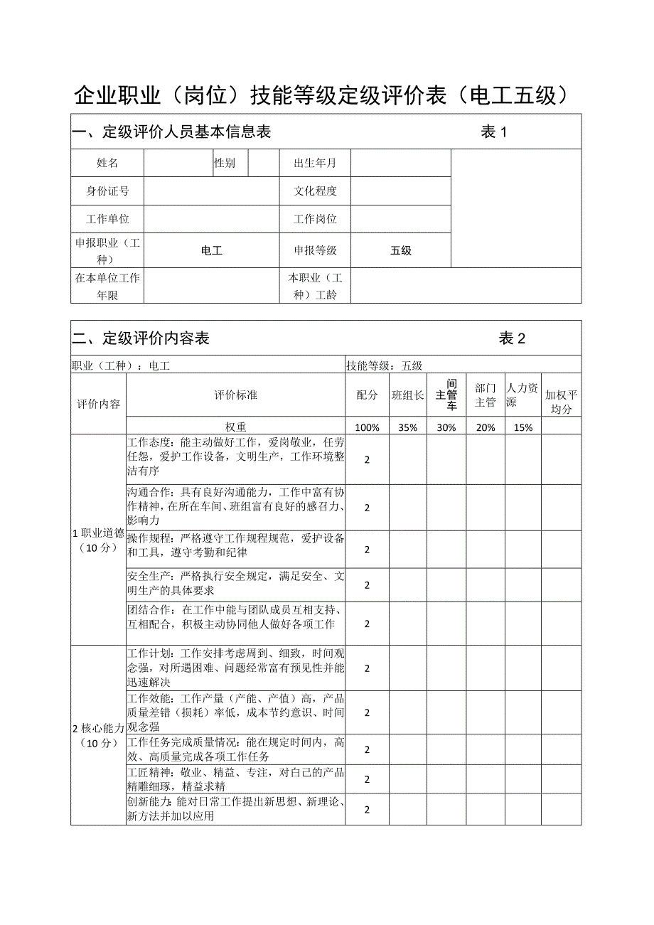 企业职业岗位技能等级定级评价表电工五级.docx_第1页