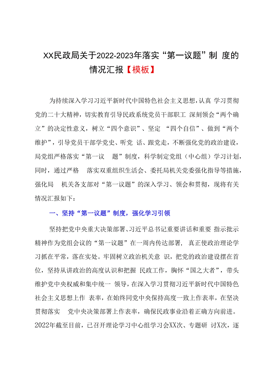 XX民政局关于20232023年落实第一议题制度的情况汇报模板.docx_第1页