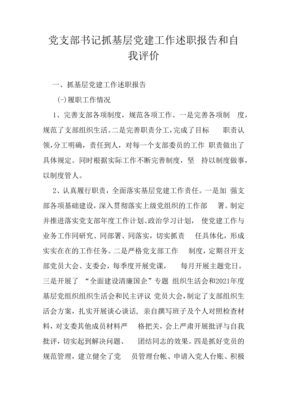 党支部书记抓基层党建工作述职报告和自我评价.docx_第1页