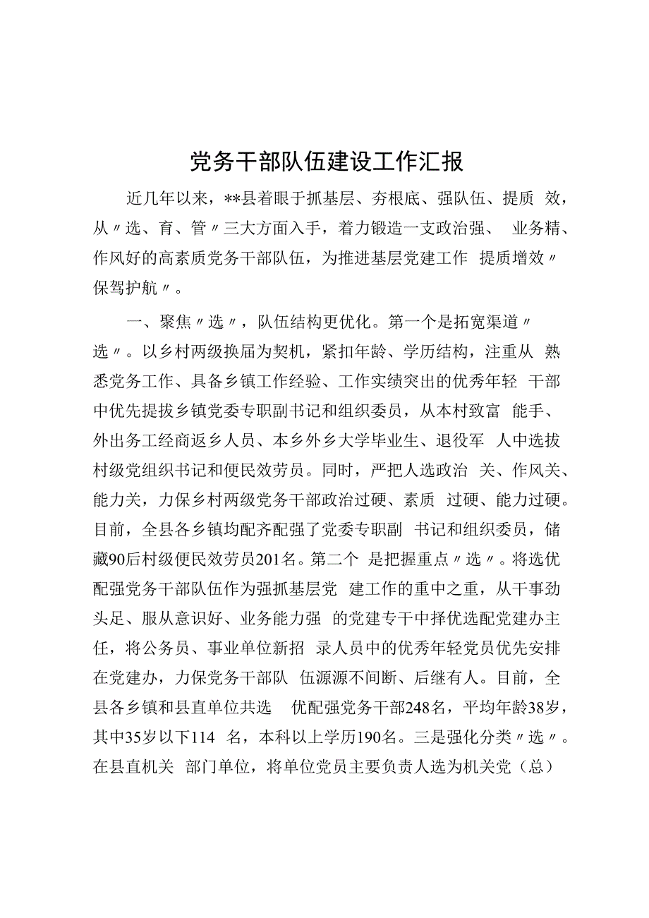 党务干部队伍建设工作汇报.docx_第1页