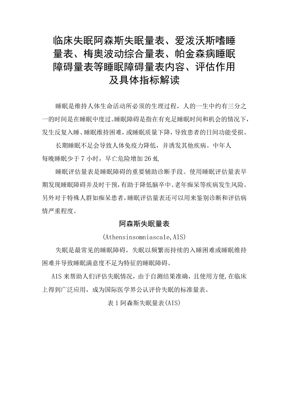 临床失眠阿森斯失眠量表爱泼沃斯嗜睡量表梅奥波动综合量表帕金森病睡眠障碍量表等睡眠障碍量表内容评估作用及具体指标解读.docx_第1页