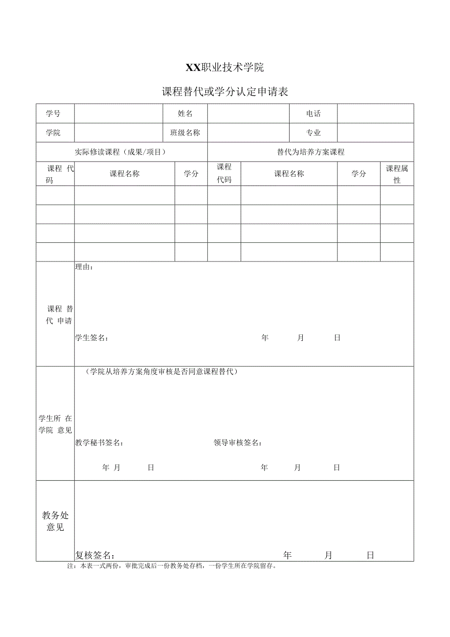 XX职业技术学院课程替代或学分认定申请表.docx_第1页