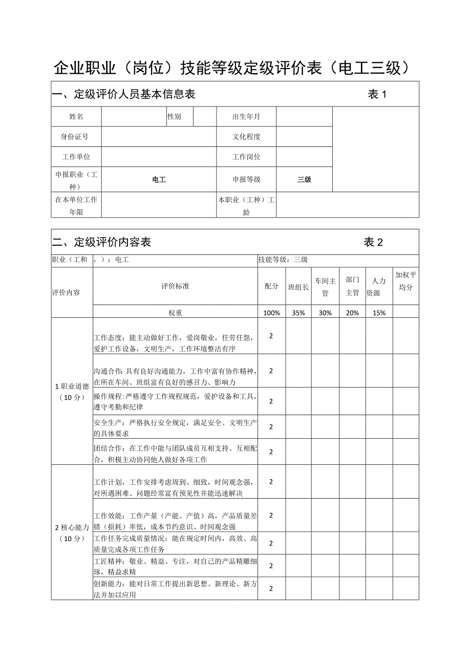 企业职业岗位技能等级定级评价表电工三级.docx_第1页