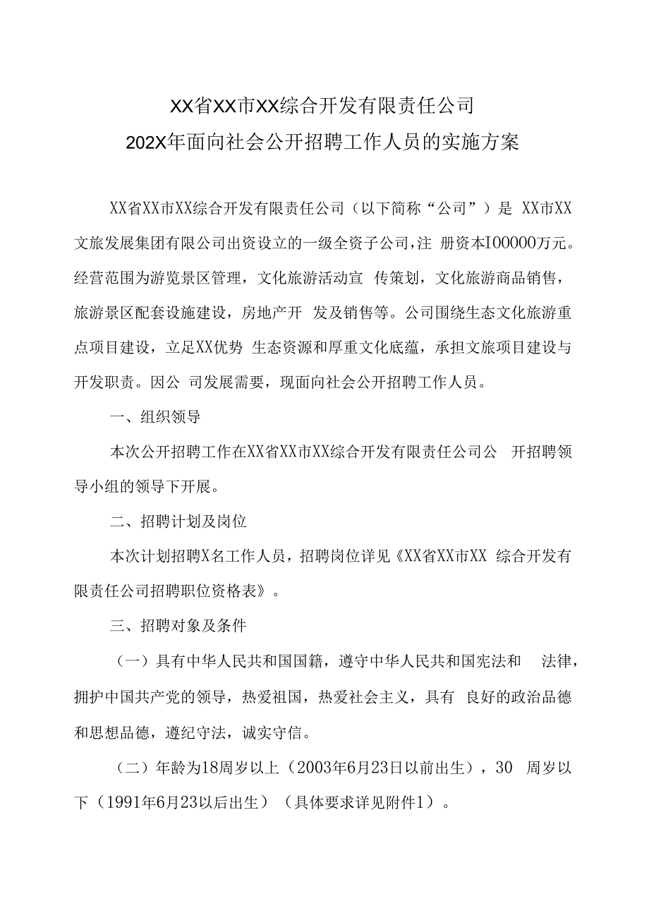 XX省XX市XX综合开发有限责任公司202X年面向社会公开招聘工作人员的实施方案.docx_第1页