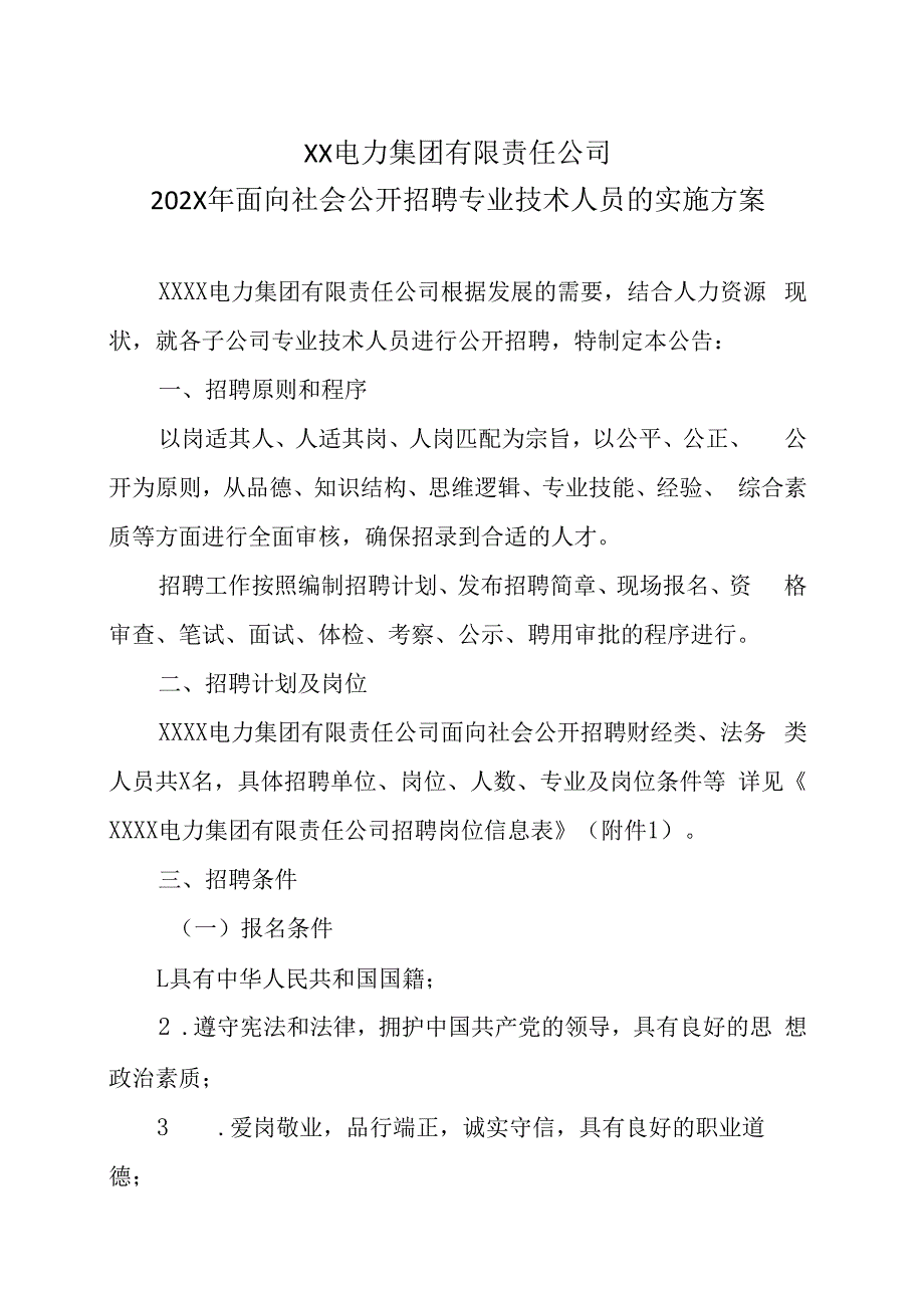 XX电力集团有限责任公司202X年面向社会公开招聘专业技术人员的实施方案.docx_第1页