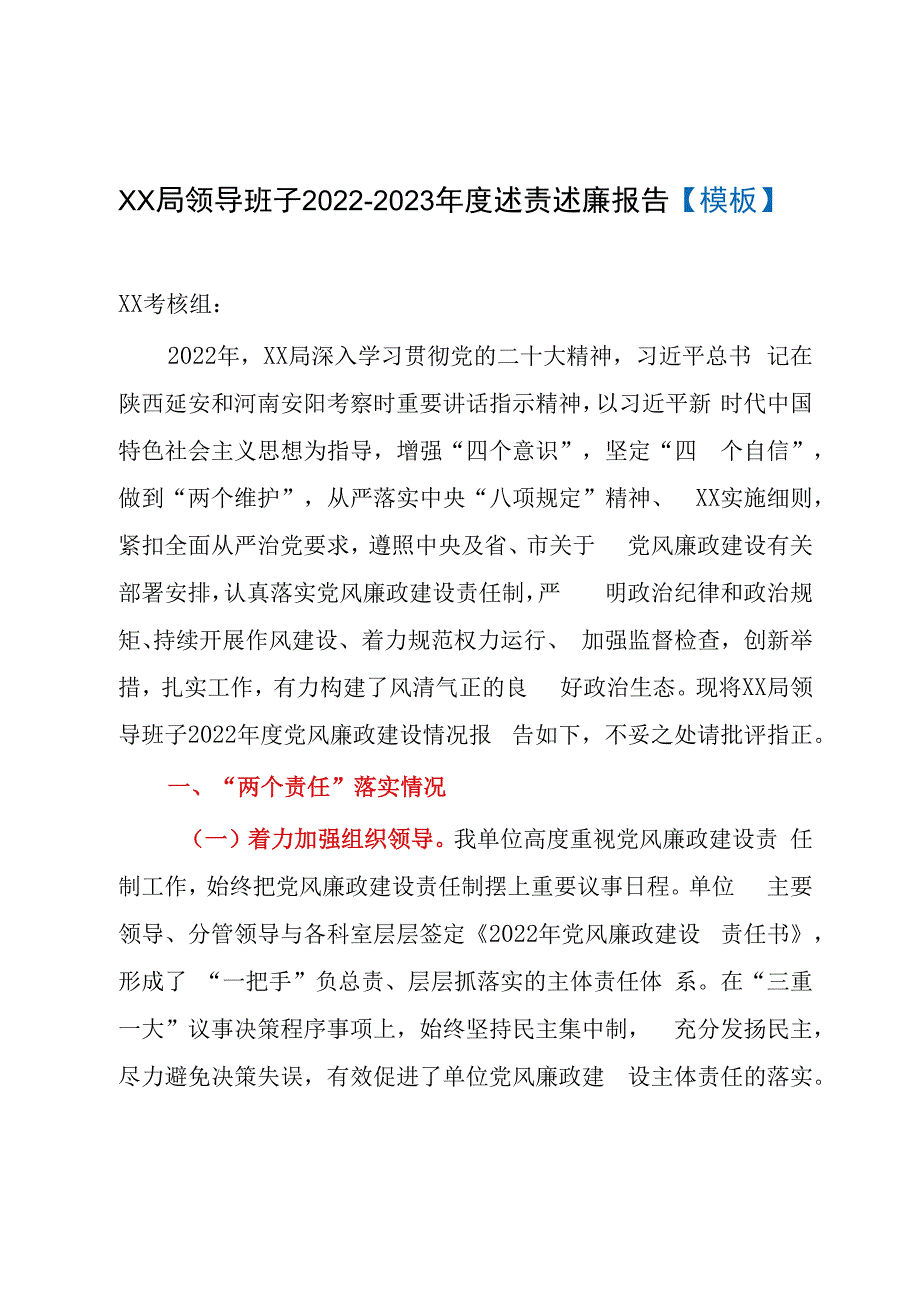 XX局领导班子20232023年度述责述廉报告模板.docx_第1页