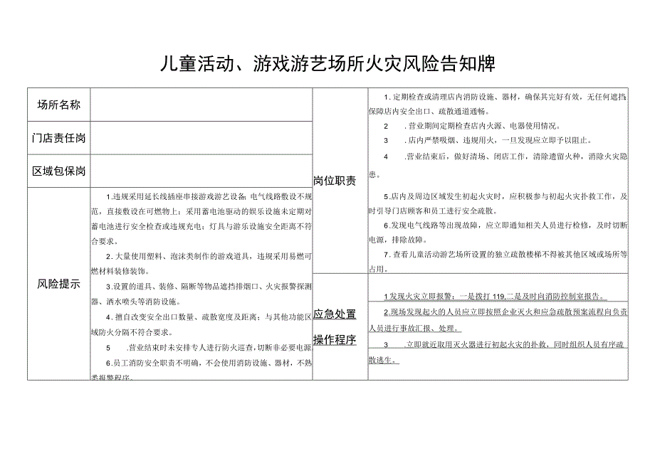 儿童乐园游戏游艺公共场所火灾风险告知牌.docx_第1页