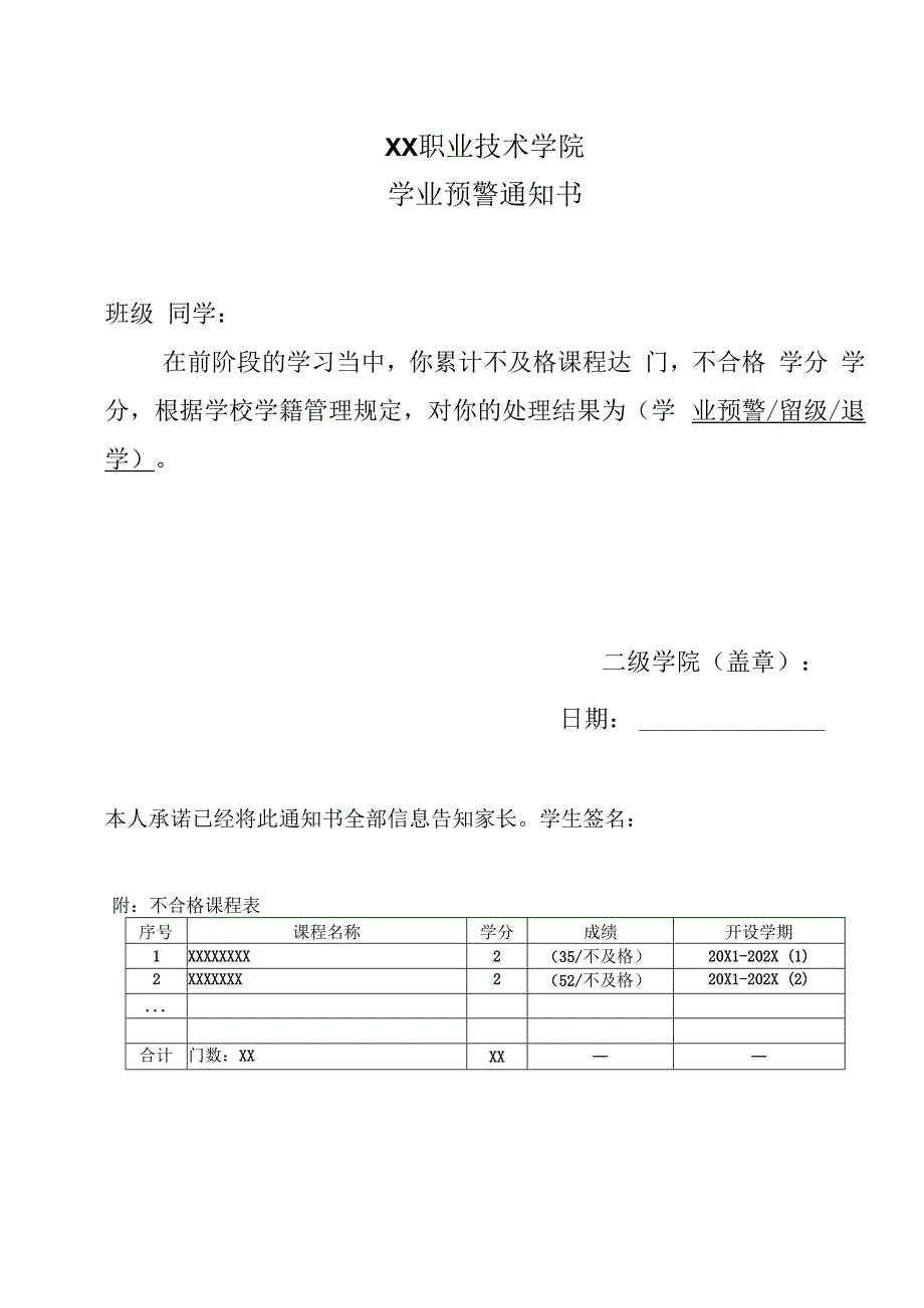 XX职业技术学院学业预警通知书.docx_第1页