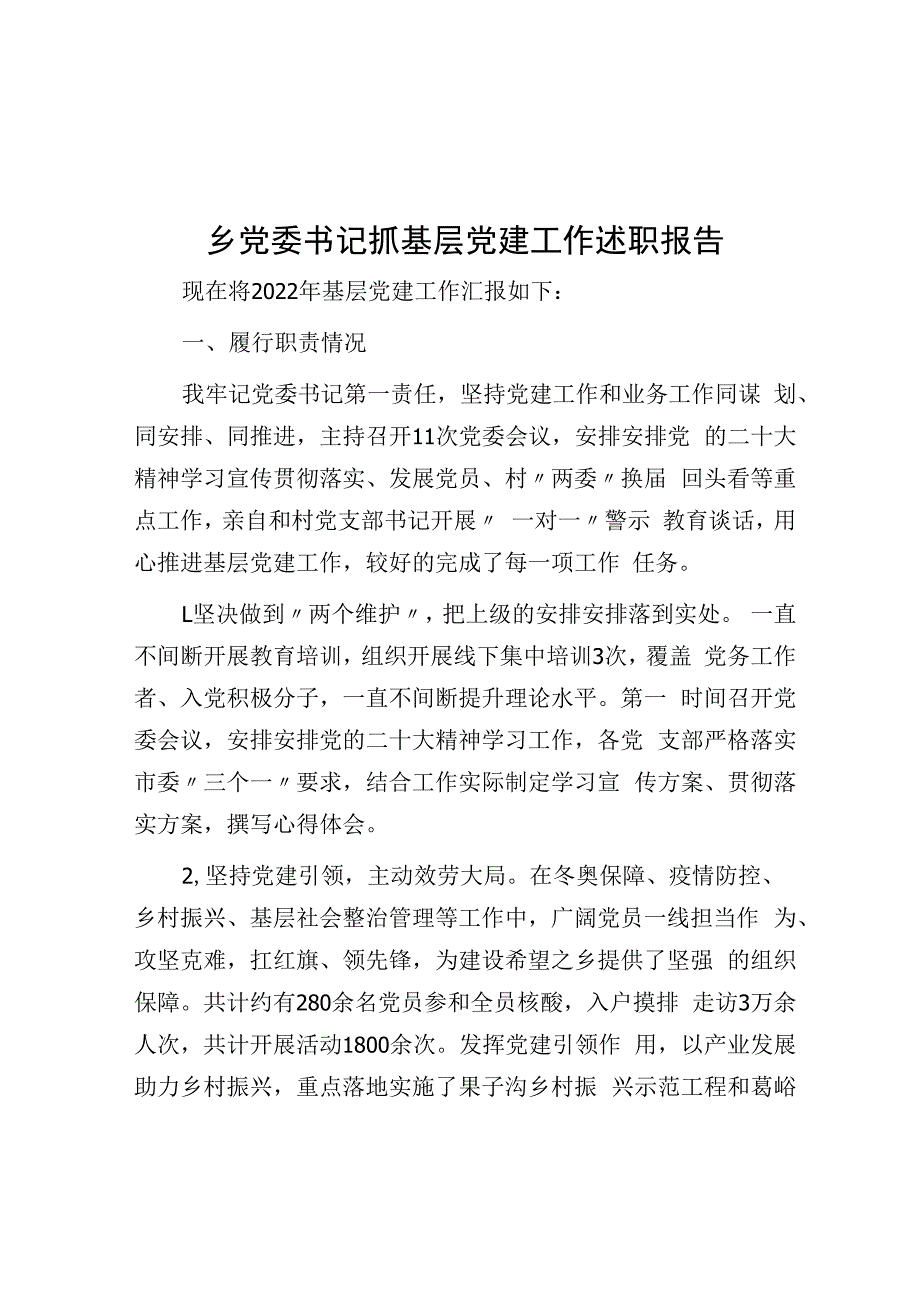 乡党委书记抓基层党建工作述职报告.docx_第1页