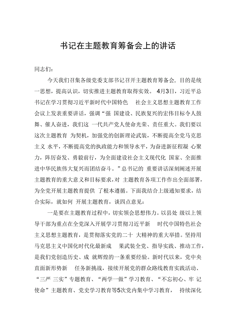 书记在主题教育筹备会上的讲话2篇.docx_第1页