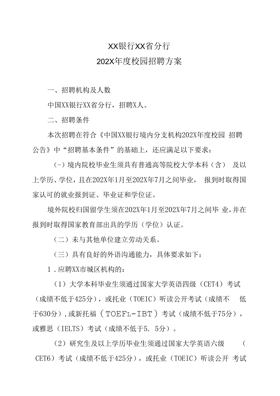 XX银行XX省分行202X年度校园招聘方案.docx_第1页