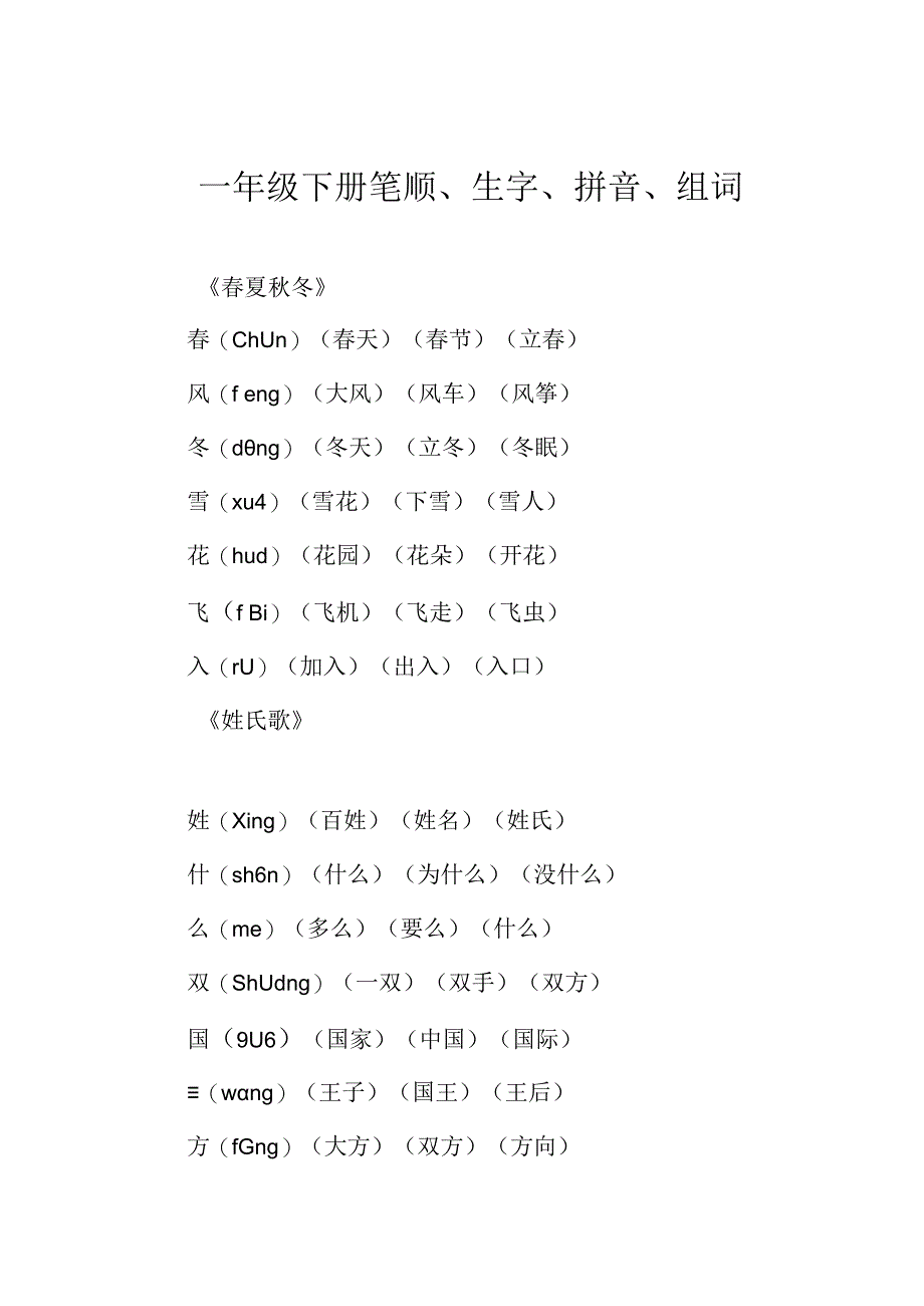 一年级下册笔顺生字拼音组词.docx_第1页