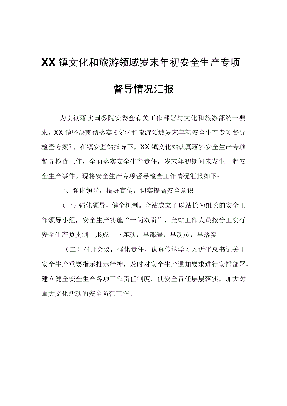 XX镇文化和旅游领域岁末年初安全生产专项督导情况汇报.docx_第1页