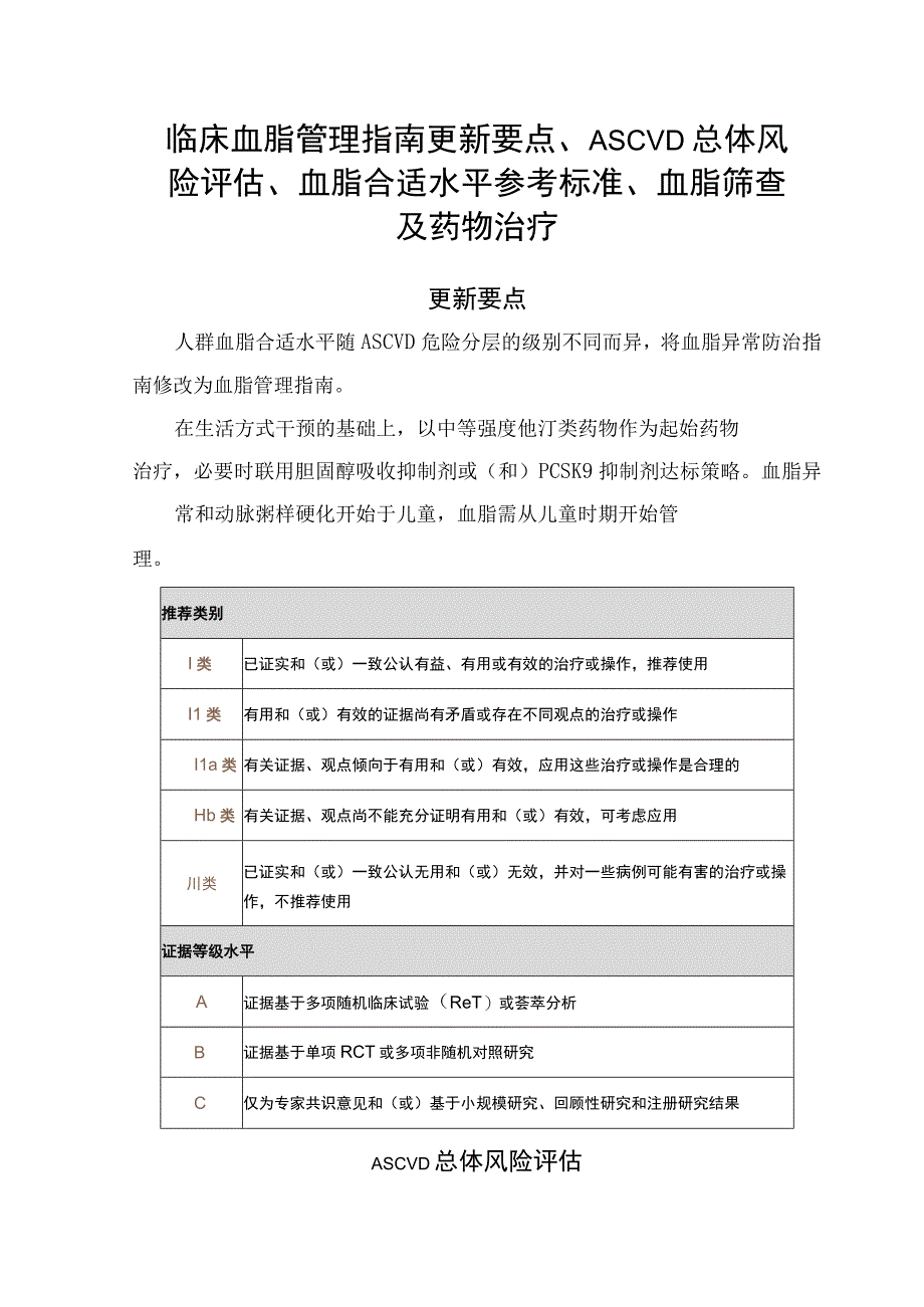 临床血脂管理指南更新要点ASCVD总体风险评估血脂合适水平参考标准血脂筛查及药物治疗.docx_第1页