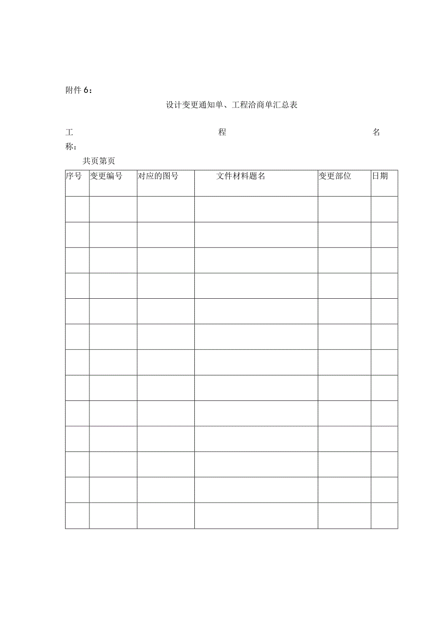 件6：设计变更通知单工程洽商单汇总表.docx_第1页