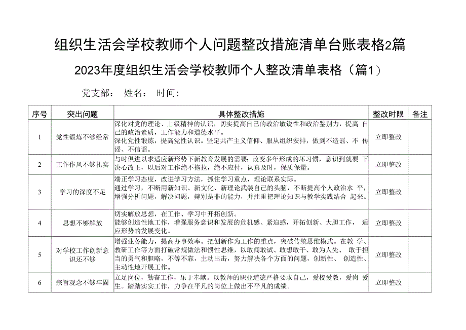 组织生活会学校教师个人问题整改措施清单台账表格2篇_002.docx_第1页