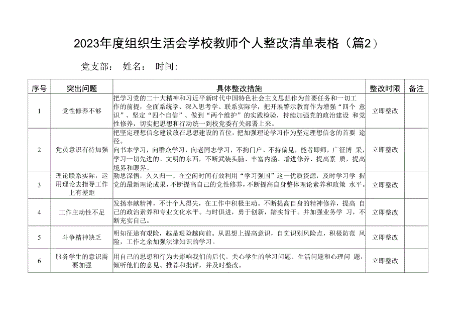 组织生活会学校教师个人问题整改措施清单台账表格2篇_002.docx_第2页