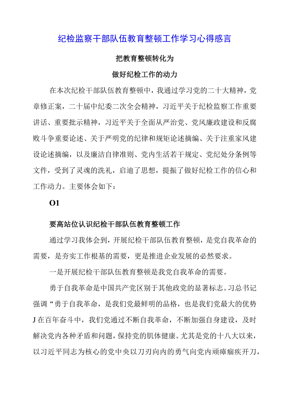 纪检监察干部队伍教育整顿工作学习心得感言.docx_第1页