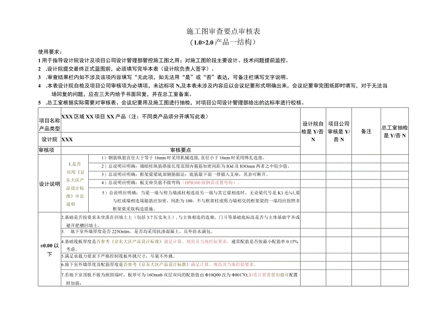 结构专业住宅产品施工图审查要点审核表.docx_第1页