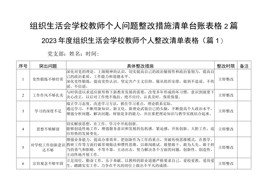 组织生活会学校教师个人问题整改措施清单台账表格2篇.docx_第1页