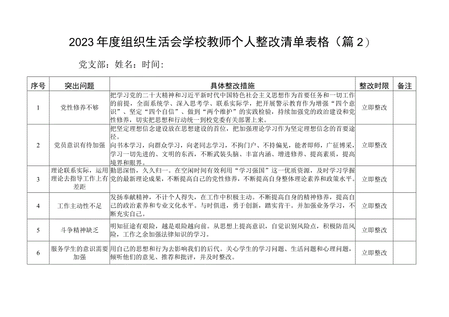 组织生活会学校教师个人问题整改措施清单台账表格2篇.docx_第2页