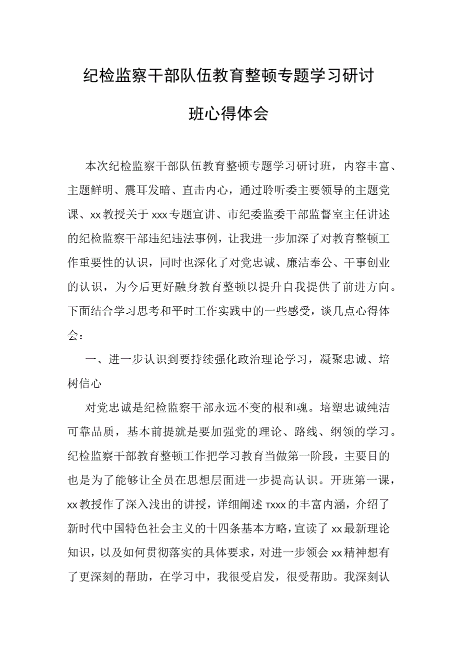 纪检监察干部队伍教育整顿专题学习研讨班心得体会.docx_第1页