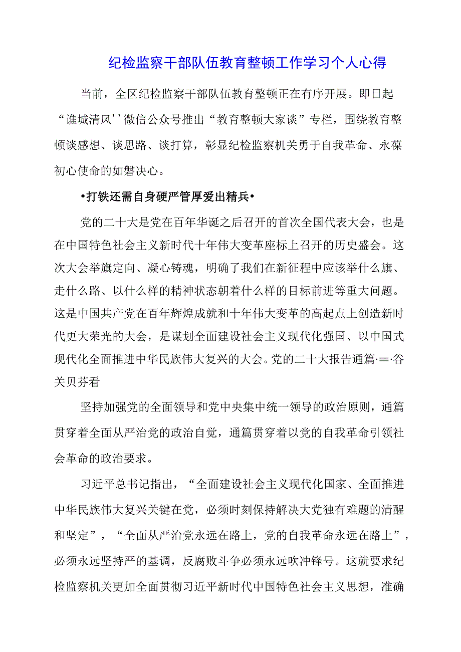 纪检监察干部队伍教育整顿工作学习个人心得.docx_第1页