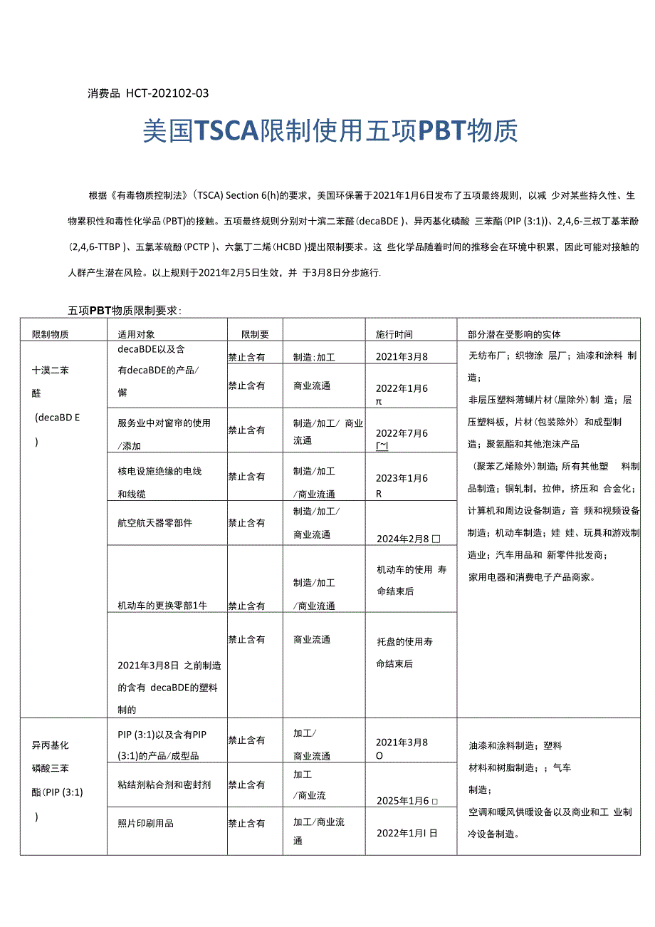 美国TSCA限制使用五项PBT物质.docx_第1页