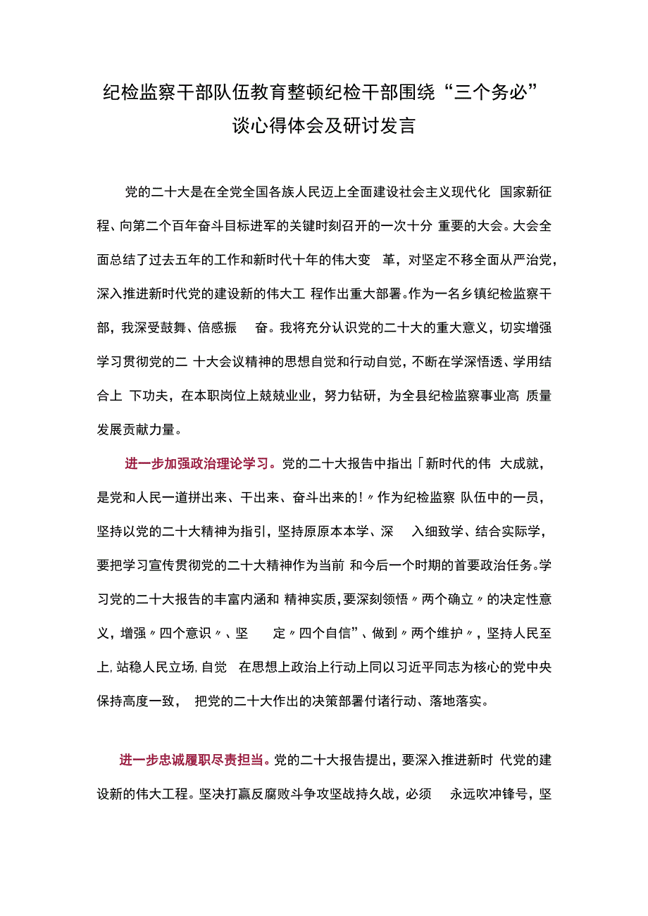 纪检监察干部队伍教育整顿纪检干部围绕三个务必谈心得体会及研讨发言六.docx_第1页