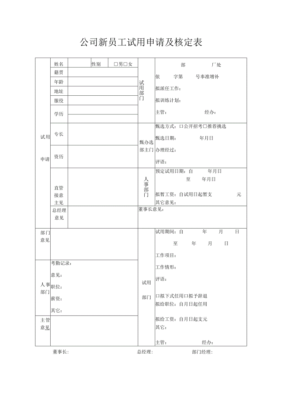 公司新员工试用申请及核定表.docx_第1页