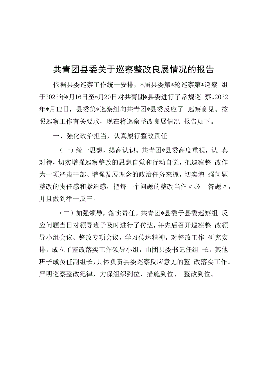 共青团县委关于巡察整改进展情况的报告.docx_第1页