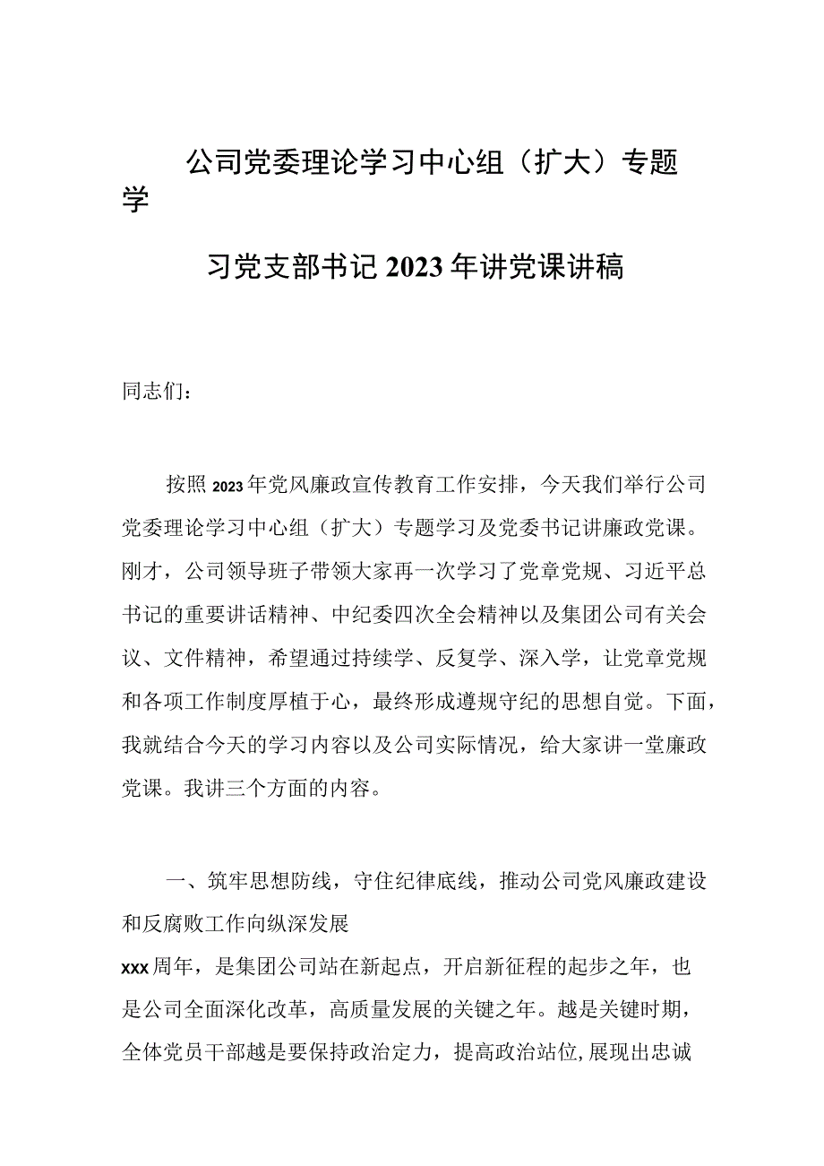 公司党委理论学习中心组(扩大)专题学习党支部书记2023年讲党课讲稿.docx_第1页