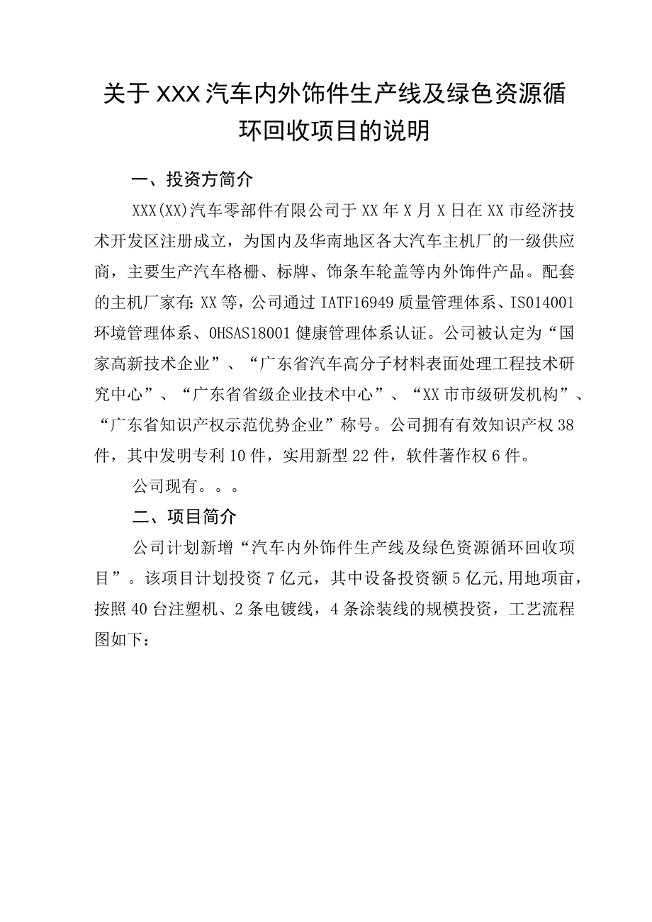 关于XXX汽车内外饰件生产线及绿色资源循环回收项目简介.docx_第1页