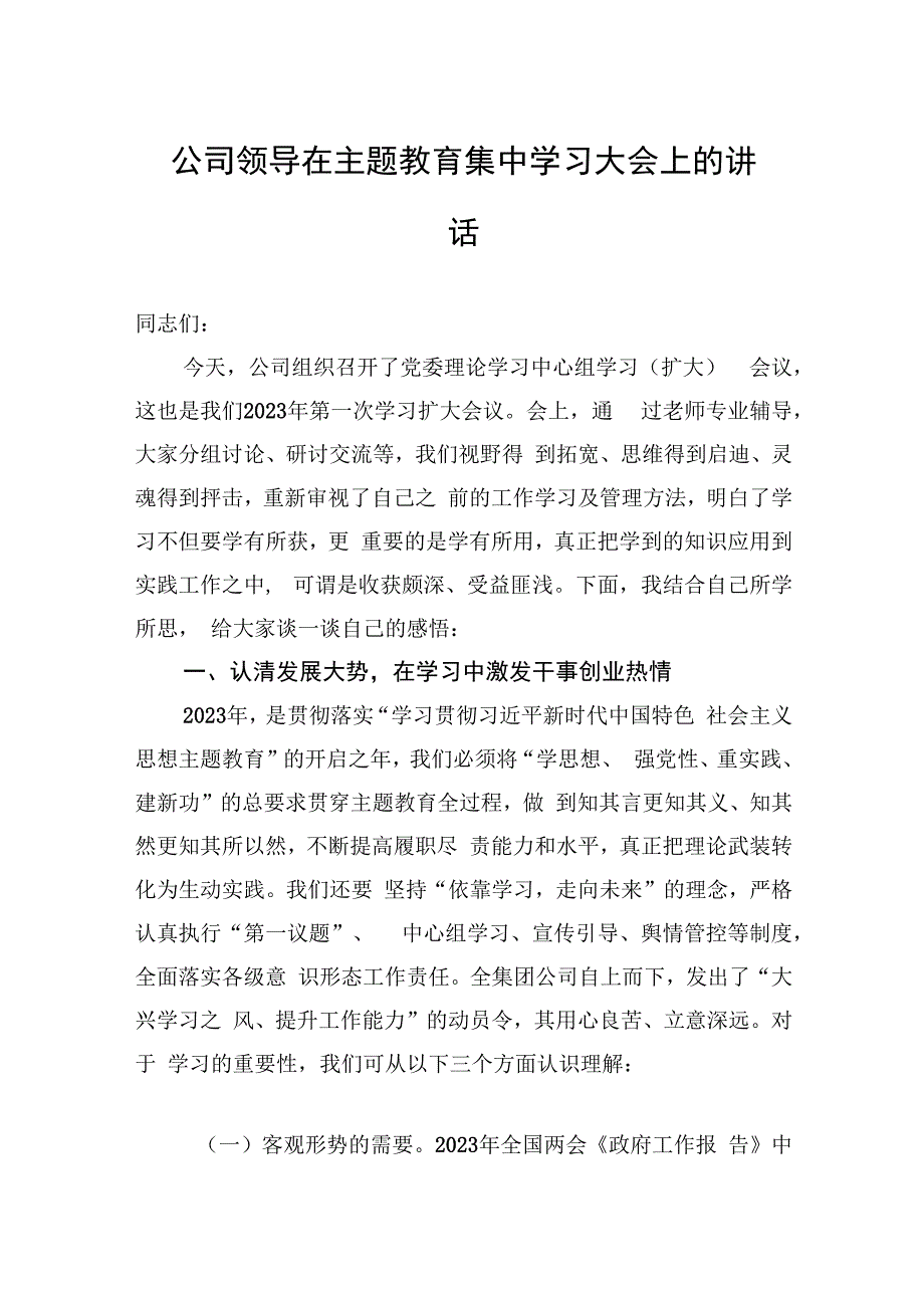 公司领导在主题教育集中学习大会上的讲话2篇.docx_第1页