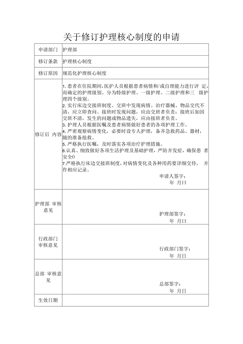 关于修订护理核心制度的申请.docx_第1页