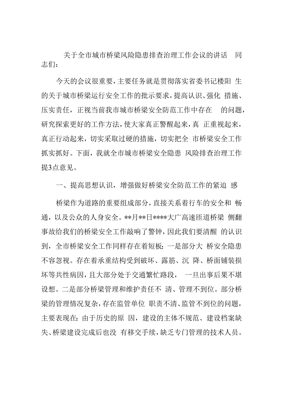 关于全市城市桥梁风险隐患排查治理工作会议的讲话.docx_第1页