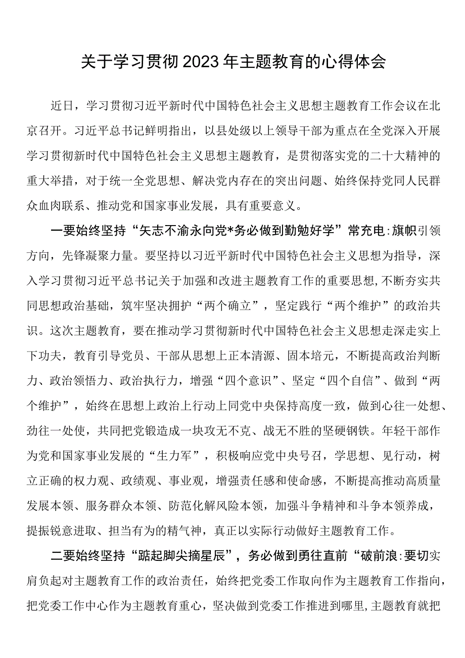 关于学习贯彻2023年主题教育的心得体会.docx_第1页