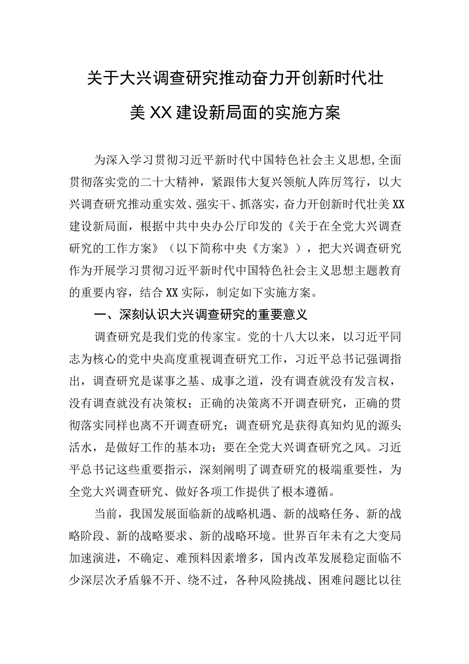 关于大兴调查研究推动奋力开创新时代壮美XX建设新局面的实施方案20230330.docx_第1页