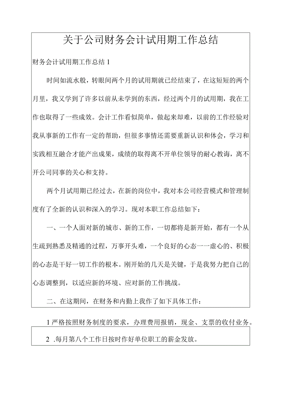 关于公司财务会计试用期工作总结.docx_第1页