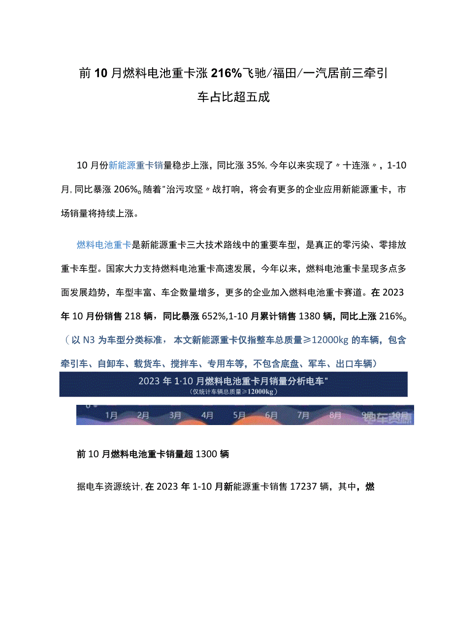 前10月燃料电池重卡涨216% 飞驰福田一汽居前三 牵引车占比超五成.docx_第1页