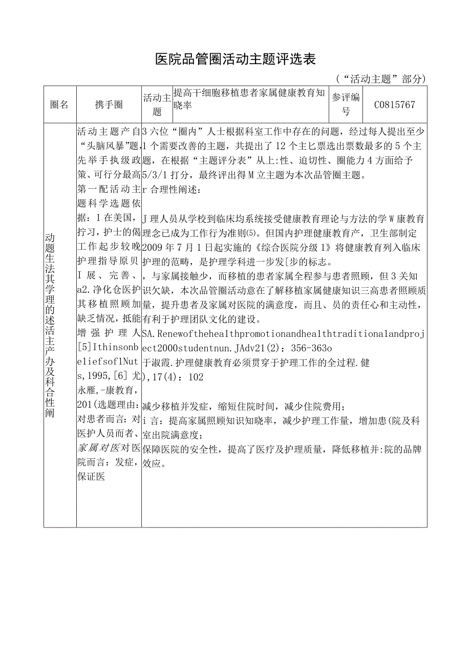 医院品管圈提高干细胞移植患者家属健康教育知晓率活动主题评选表.docx_第1页