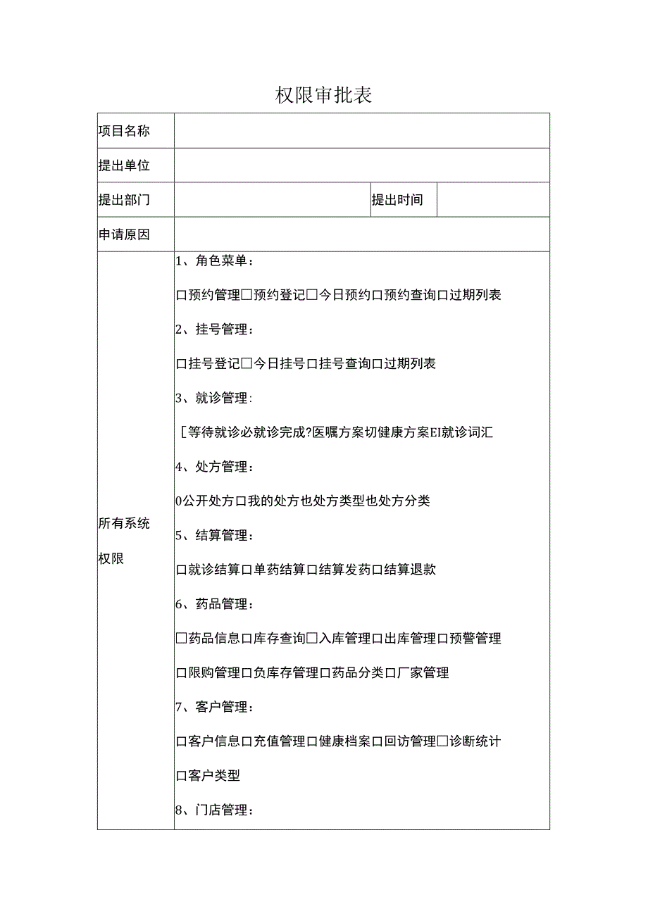 医疗机构系统操作权限申请审批表范本中医通用.docx_第1页