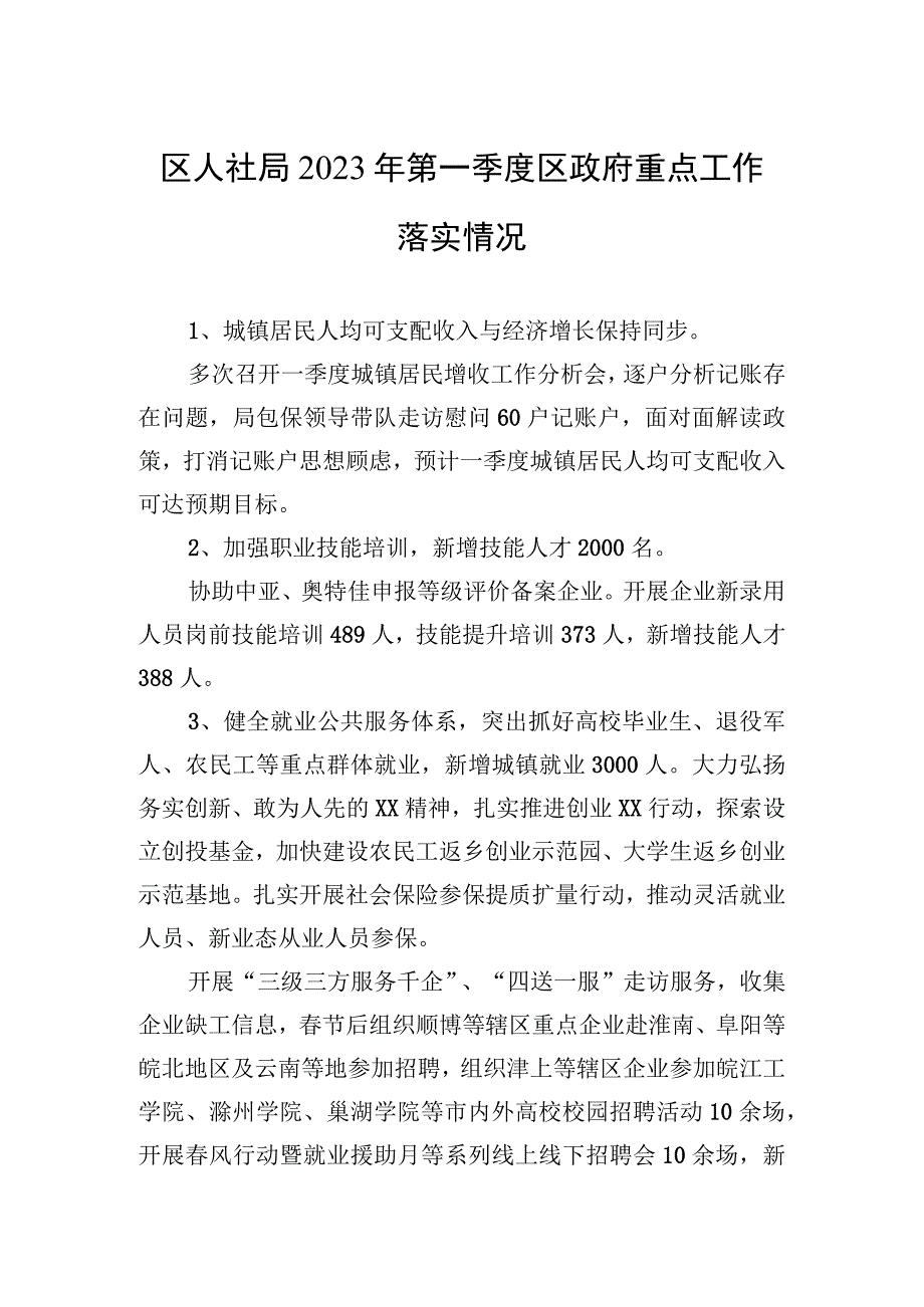 区人社局2023年第一季度区政府重点工作落实情况.docx_第1页